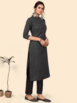 Printed Straight Cotton Black Stitched Kurta Pant With Dupatta 4