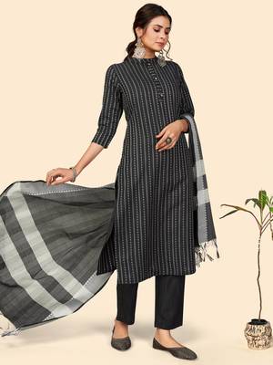 Printed Straight Cotton Black Stitched Kurta Pant With Dupatta 9