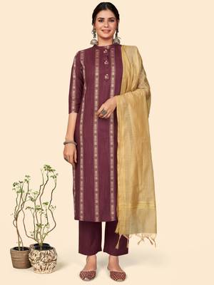 Printed Straight Cotton Purple Stitched Kurta Pant With Dupatta 1