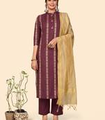 Printed Straight Cotton Purple Stitched Kurta Pant With Dupatta