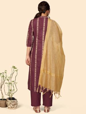Printed Straight Cotton Purple Stitched Kurta Pant With Dupatta 2