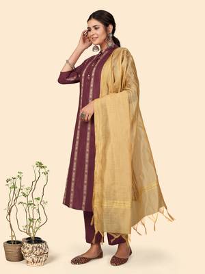 Printed Straight Cotton Purple Stitched Kurta Pant With Dupatta 3