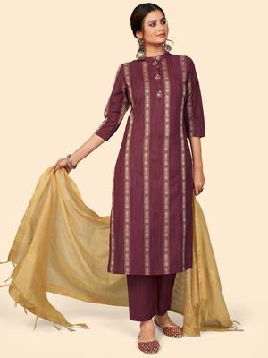 Printed Straight Cotton Purple Stitched Kurta Pant With Dupatta 8