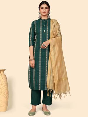 Printed Straight Cotton Green Stitched Kurta Pant With Dupatta 1