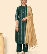 Printed Straight Cotton Green Stitched Kurta Pant With Dupatta