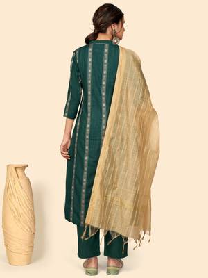 Printed Straight Cotton Green Stitched Kurta Pant With Dupatta 2