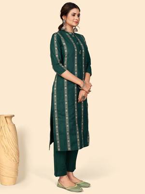 Printed Straight Cotton Green Stitched Kurta Pant With Dupatta 4