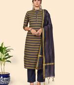 Printed Straight Cotton Blue Stitched Kurta Pant With Dupatta