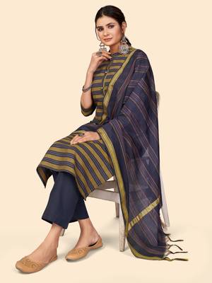 Printed Straight Cotton Blue Stitched Kurta Pant With Dupatta 2