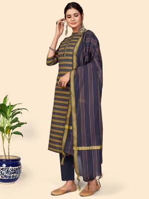 Printed Straight Cotton Blue Stitched Kurta Pant With Dupatta 4