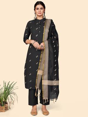 Printed Straight Cotton Black Stitched Kurta Pant With Dupatta 1
