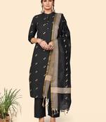 Printed Straight Cotton Black Stitched Kurta Pant With Dupatta