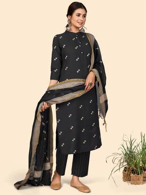 Printed Straight Cotton Black Stitched Kurta Pant With Dupatta 2