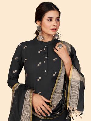 Printed Straight Cotton Black Stitched Kurta Pant With Dupatta 6
