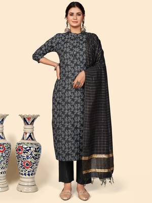 Printed Straight Cotton Black Stitched Kurta Pant With Dupatta 1