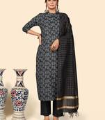 Printed Straight Cotton Black Stitched Kurta Pant With Dupatta