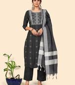 Print & Embroidered Straight Cotton Black Stitched Kurta Pant With Dupatta