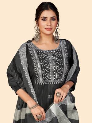 Print & Embroidered Straight Cotton Black Stitched Kurta Pant With Dupatta 5