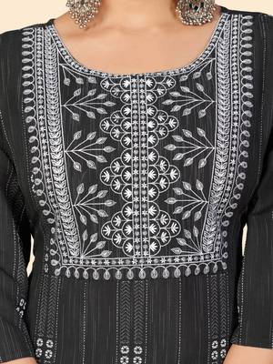 Print & Embroidered Straight Cotton Black Stitched Kurta Pant With Dupatta 6