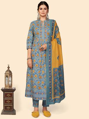Floral Print A-Line With Side Slit Cotton Teal Stitched Kurta Pant With Dupatta 1
