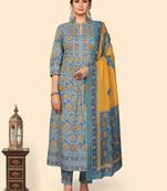 Floral Print A-Line With Side Slit Cotton Teal Stitched Kurta Pant With Dupatta