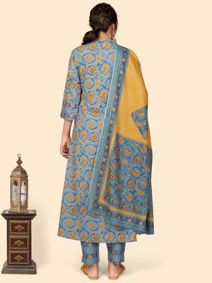 Floral Print A-Line With Side Slit Cotton Teal Stitched Kurta Pant With Dupatta 2