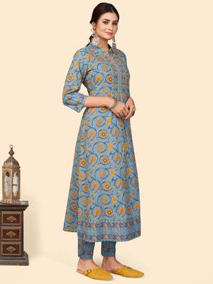 Floral Print A-Line With Side Slit Cotton Teal Stitched Kurta Pant With Dupatta 4