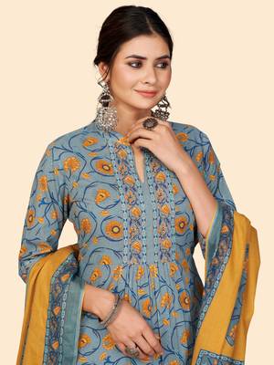 Floral Print A-Line With Side Slit Cotton Teal Stitched Kurta Pant With Dupatta 5