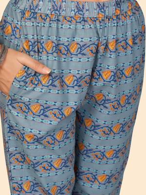 Floral Print A-Line With Side Slit Cotton Teal Stitched Kurta Pant With Dupatta 7