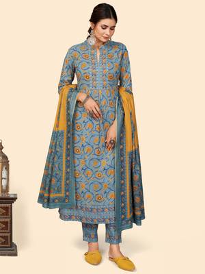 Floral Print A-Line With Side Slit Cotton Teal Stitched Kurta Pant With Dupatta 9