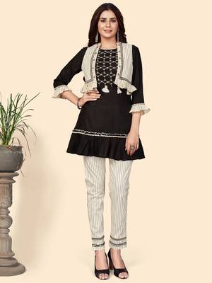 Embroidered Flared Cotton Black Stitched Top Pant With Koti 1