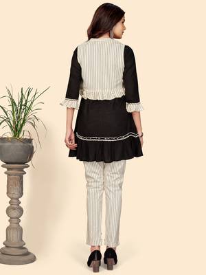 Embroidered Flared Cotton Black Stitched Top Pant With Koti 2