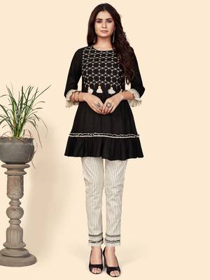Embroidered Flared Cotton Black Stitched Top Pant With Koti 3