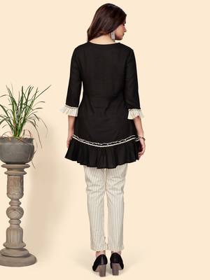 Embroidered Flared Cotton Black Stitched Top Pant With Koti 4