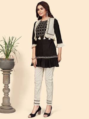 Embroidered Flared Cotton Black Stitched Top Pant With Koti 5