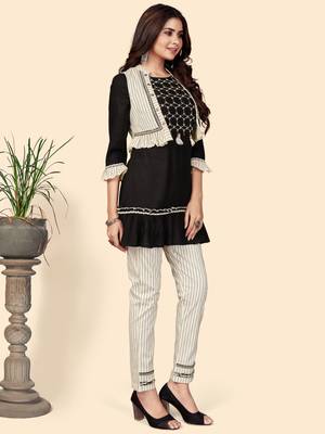 Embroidered Flared Cotton Black Stitched Top Pant With Koti 6