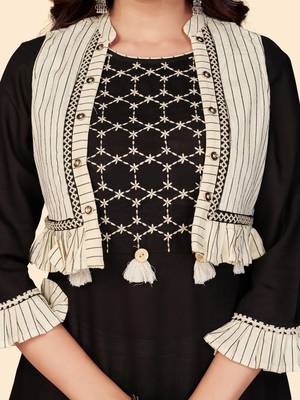 Embroidered Flared Cotton Black Stitched Top Pant With Koti 8
