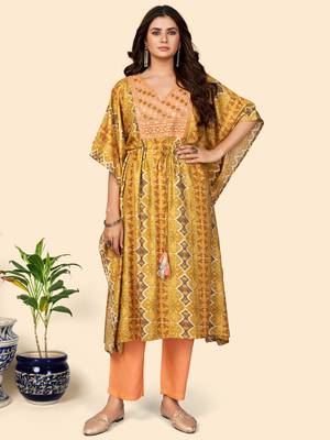 Embroidered & Sequience  Rayon Mahendi Green Stitched Kaftan Kurta With Pant Set 1