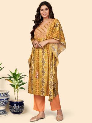 Embroidered & Sequience  Rayon Mahendi Green Stitched Kaftan Kurta With Pant Set 3