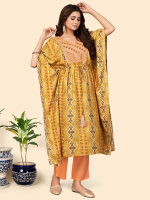 Embroidered & Sequience  Rayon Mahendi Green Stitched Kaftan Kurta With Pant Set 4