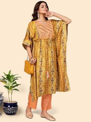 Embroidered & Sequience  Rayon Mahendi Green Stitched Kaftan Kurta With Pant Set 8