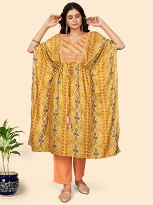 Embroidered & Sequience  Rayon Mahendi Green Stitched Kaftan Kurta With Pant Set 9
