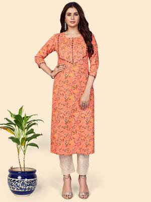 Print & Mirror Work Straight Cotton Orange Stitched Kurta 1