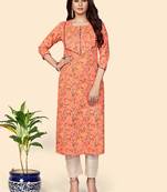 Print & Mirror Work Straight Cotton Orange Stitched Kurta