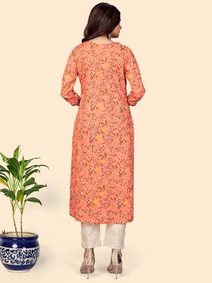 Print & Mirror Work Straight Cotton Orange Stitched Kurta 2