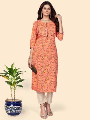 Print & Mirror Work Straight Cotton Orange Stitched Kurta 3