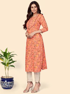 Print & Mirror Work Straight Cotton Orange Stitched Kurta 4