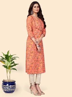 Print & Mirror Work Straight Cotton Orange Stitched Kurta 5