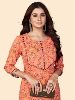 Print & Mirror Work Straight Cotton Orange Stitched Kurta 6