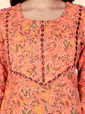 Print & Mirror Work Straight Cotton Orange Stitched Kurta 7